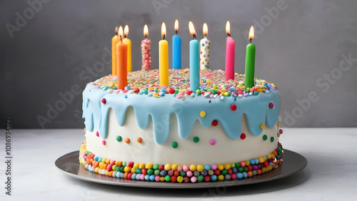 Birthday cake decorated with colorful sprinkles and ten candles