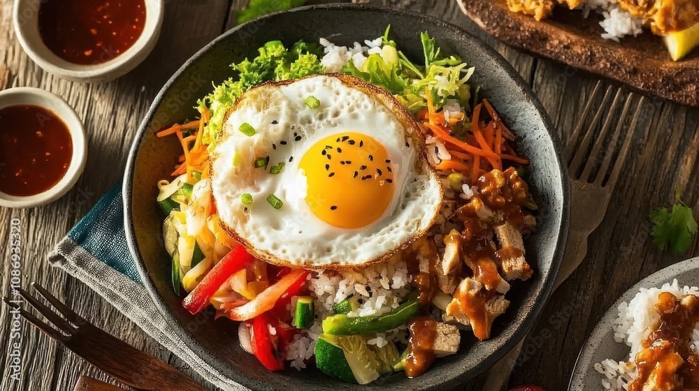 Delicious Bibimbap Bowl with Fried Egg and Chicken Delicious Bibimbap Bowl with Fried Egg and Chicken