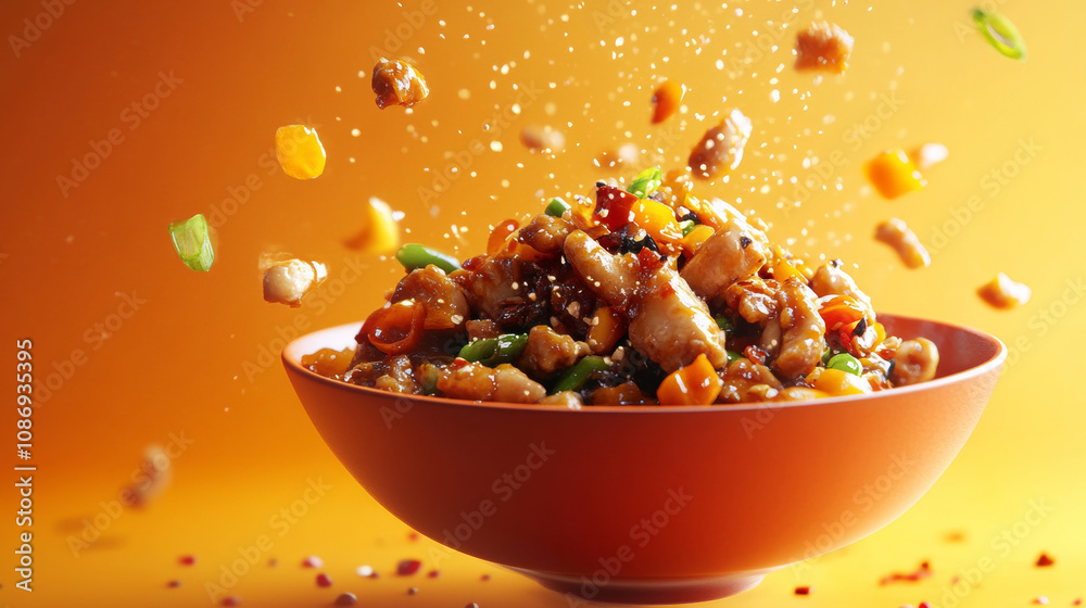Delicious Kung Pao Chicken yummy grilled meat sweet and sour sauce vegetables fresh orange background. food photography advertising fashion restaurant cuisine gourmet wallpaper Delicious Kung Pao Chicken yummy grilled meat sweet and sour sauce vegetables fresh orange background. food photography advertising fashion restaurant cuisine gourmet wallpaper