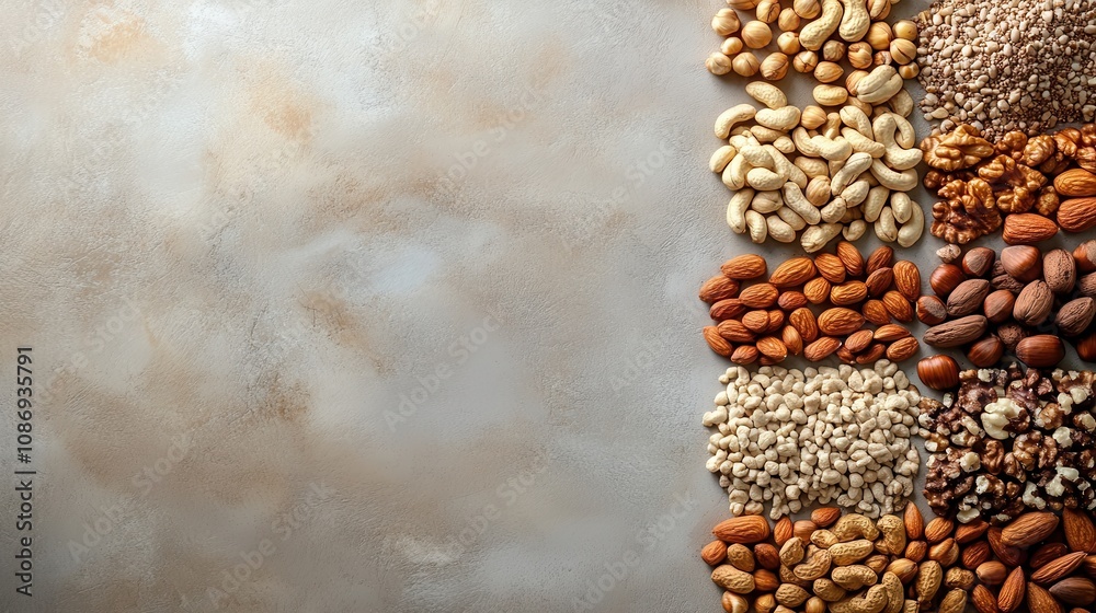 Obraz premium Assortment of nuts on gray background. This photo showcases a variety of nuts, perfect for healthy eating or snacking.