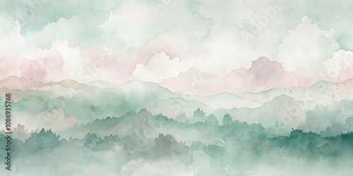 Serene Watercolor Landscape of Misty Mountains and Soft Cloudscape