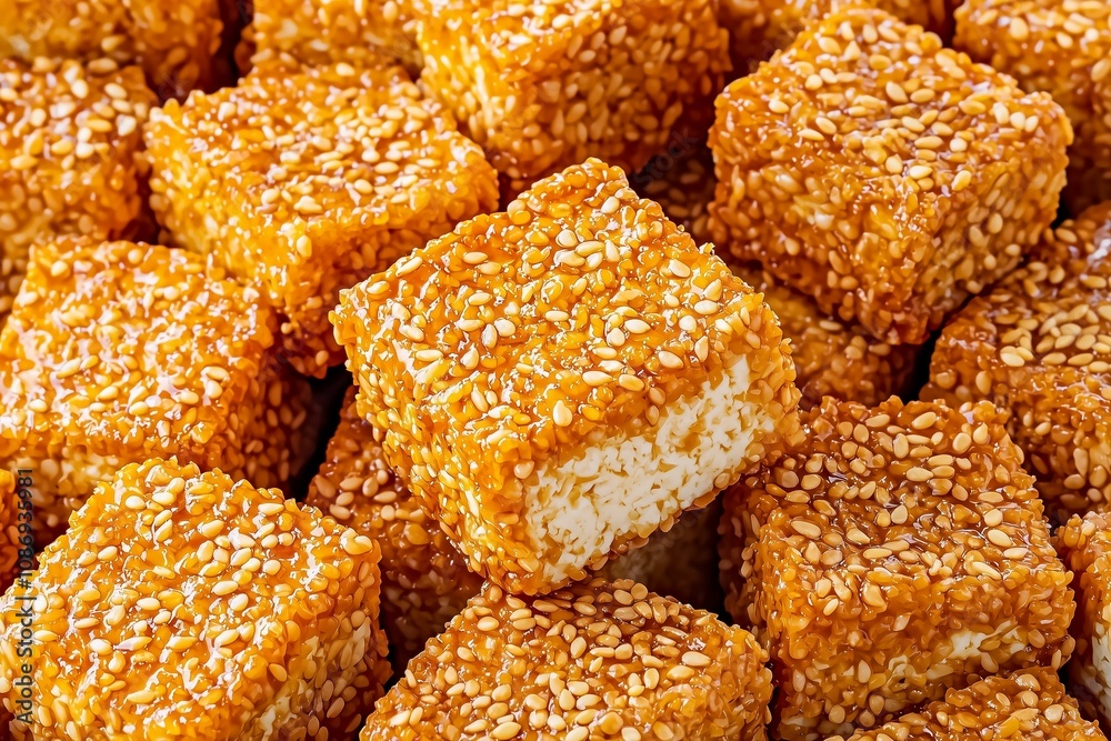 Close-Up of Sesame-Crusted Tofu Cubes, Featuring a Crunchy Texture and Golden Coating. Great for Plant-Based Protein Promotions, Asian Cuisine Articles, or Vegan Snack Ideas. Close-Up of Sesame-Crusted Tofu Cubes, Featuring a Crunchy Texture and Golden Coating. Great for Plant-Based Protein Promotions, Asian Cuisine Articles, or Vegan Snack Ideas.