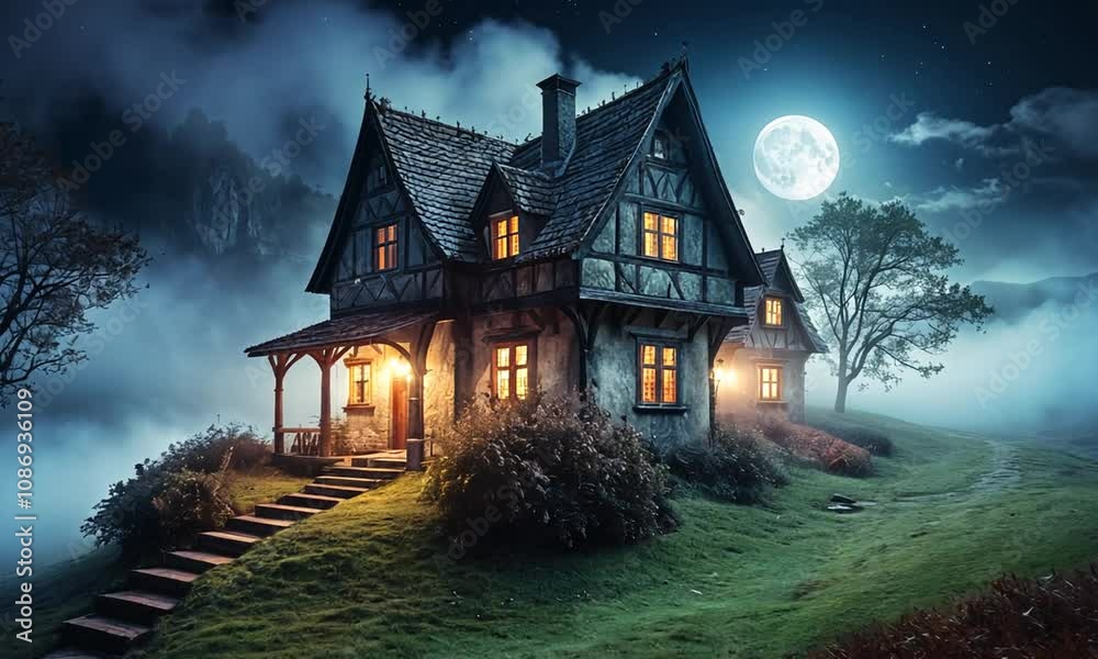 A mystical house illuminated by moonlight in a foggy landscape. A mystical house illuminated by moonlight in a foggy landscape.