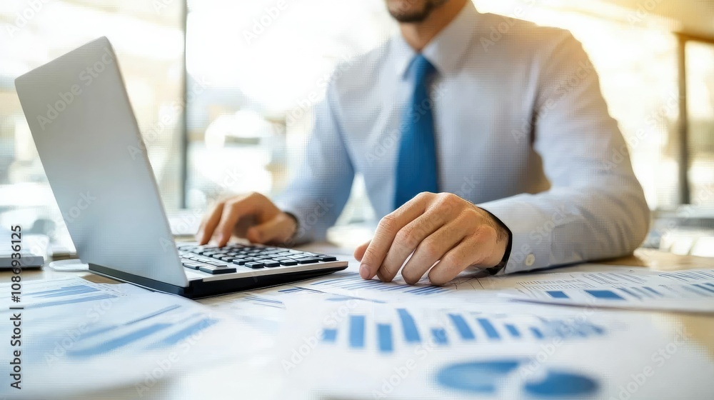 A business professional using a calculator and laptop to review budget and loan documents in a well-lit office space, showcasing the importance of precise accounting A business professional using a calculator and laptop to review budget and loan documents in a well-lit office space, showcasing the importance of precise accounting