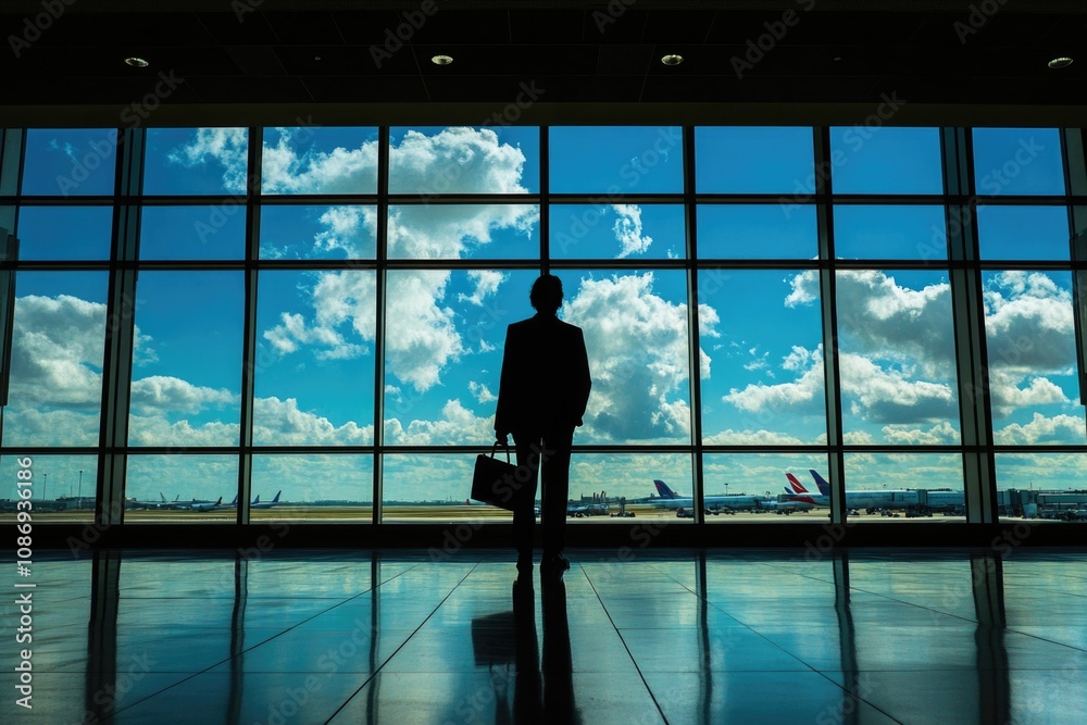 Silhouette of person with a briefcase in front of a large window at an airport, with a blue sky and white clouds in the background. Silhouette of person with a briefcase in front of a large window at an airport, with a blue sky and white clouds in the background.