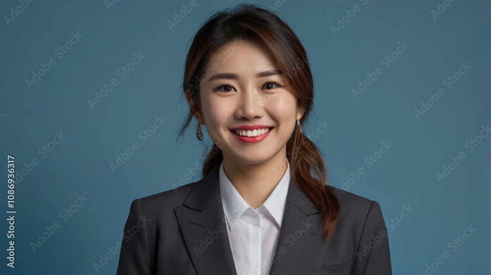 Studio shot of Cheerful portrait close up korean business woman while standing with suits with a blue background. Studio shot of Cheerful portrait close up korean business woman while standing with suits with a blue background.