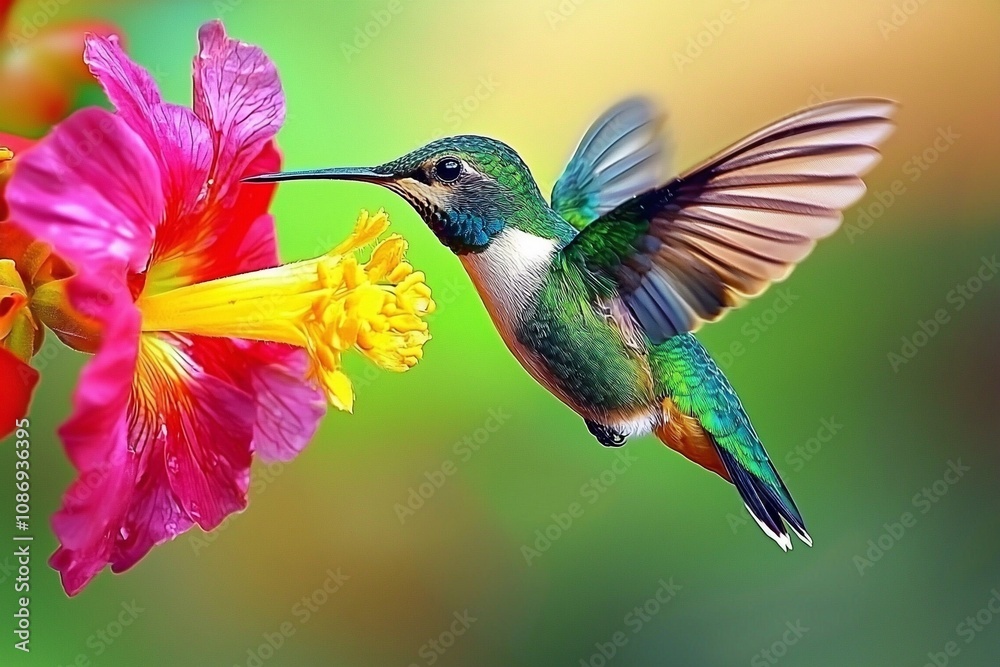 Naklejka premium A Vibrant Hummingbird Sipping Nectar from a Colorful Flower