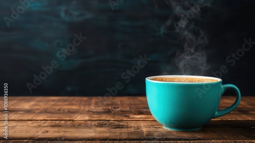 Brown sugar vegan powder on tea A steaming turquoise coffee cup sits on a rustic wooden table against a dark background, creating a cozy and inviting atmosphere.