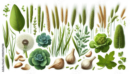 Realistic grass herbs succulents cereals green plants set with dandelion beans garlic plantain isolated illustration