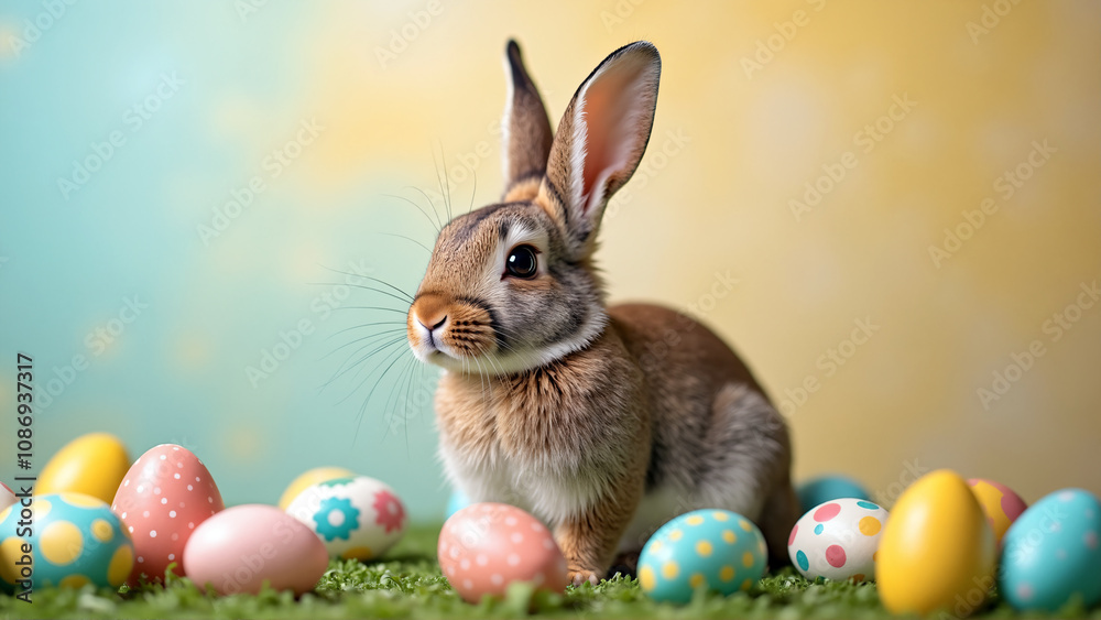 A cute brown Easter rabbit sitting on fake grass, surrounded by colorful Easter eggs in a photo studio setting. The background features pastel colors, creating a peaceful and festive atmosphere. A cute brown Easter rabbit sitting on fake grass, surrounded by colorful Easter eggs in a photo studio setting. The background features pastel colors, creating a peaceful and festive atmosphere.