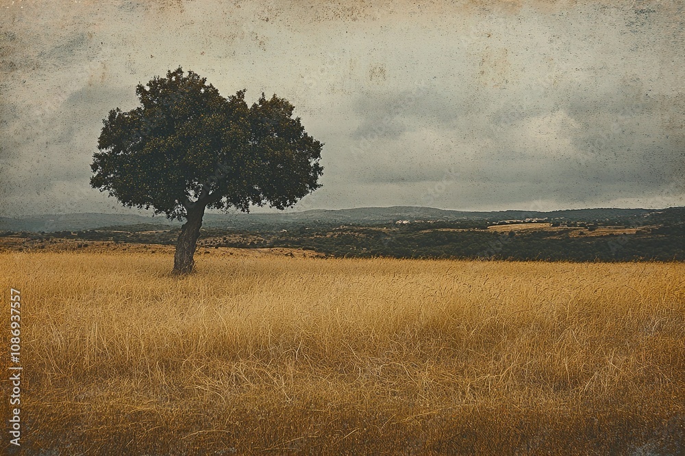 A lone fall tree with green foliage and low grey rainy clouds in dark sky. Loneliness, mystical Spanish landscape. Dry grass, ears in a golden field. A lone fall tree with green foliage and low grey rainy clouds in dark sky. Loneliness, mystical Spanish landscape. Dry grass, ears in a golden field.