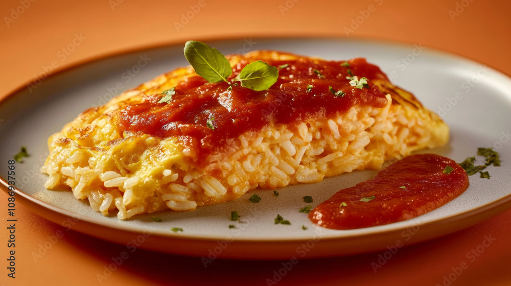 Delicious omelet rice with tomato sauce parsley topping yummy fresh butter milk pink background. food photography advertising fashion restaurant cuisine gourmet wallpaper Delicious omelet rice with tomato sauce parsley topping yummy fresh butter milk pink background. food photography advertising fashion restaurant cuisine gourmet wallpaper