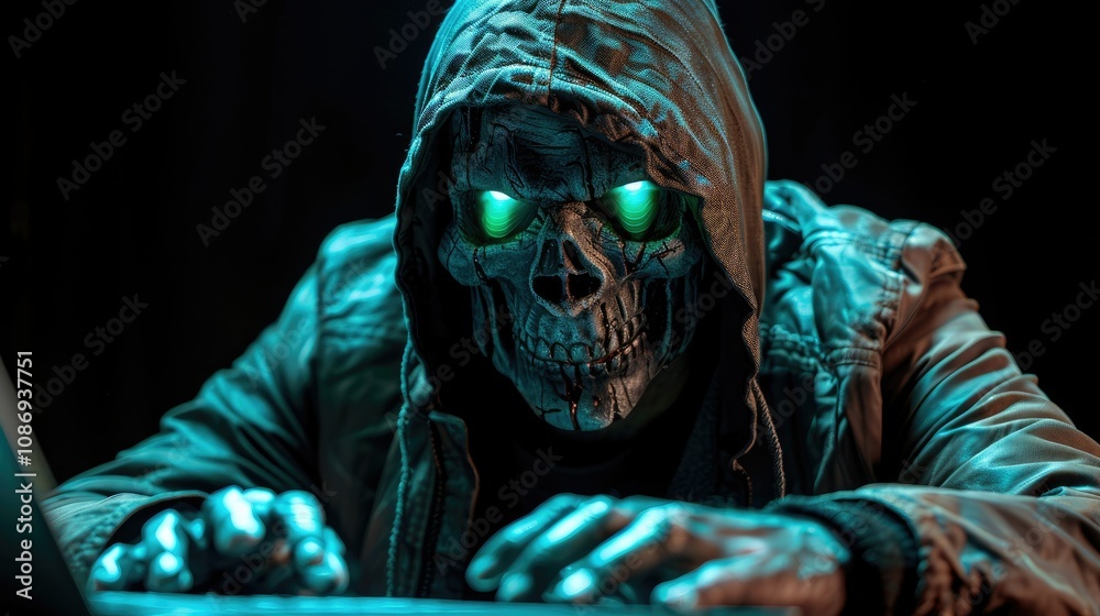 A hooded figure with a skull mask and glowing green eyes sits in front of a laptop, their hands typing on the keyboard. The figure appears menacing, suggesting an image of a hacker or a dark web user. A hooded figure with a skull mask and glowing green eyes sits in front of a laptop, their hands typing on the keyboard. The figure appears menacing, suggesting an image of a hacker or a dark web user.