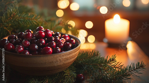 A warm holiday scene focusing on a bowl of cranberries.