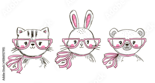 three adorable animal faces: a cat, a rabbit, and a bear, all wearing pink glasses and matching scarves. Their charming expressions and soft, minimalistic style add a playful and cute vibe.