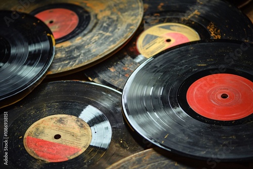 Close up of a collection of vintage vinyl records showcasing their worn condition and colorful labels, evoking nostalgia for classic music
