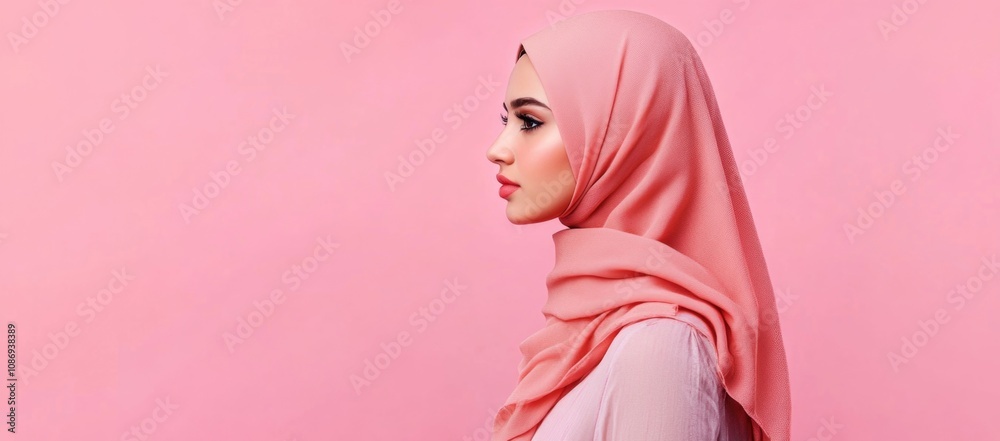 A young Muslim woman in a hijab looking in profile isolated on pink background. A young Muslim woman in a hijab looking in profile isolated on pink background.
