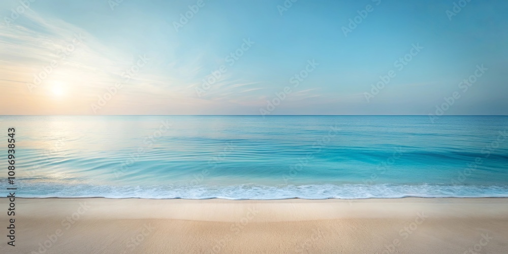 Fototapeta premium Serene coastal scene at sunrise, featuring tranquil ocean waves gently lapping a sandy shore under a clear sky.