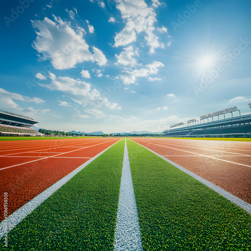 A vibrant sports field under a clear blue sky, featuring red and green running tracks, inviting athletes to train and compete.