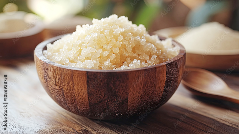 Granulated sugar filled in wooden bowl Granulated sugar filled in wooden bowl
