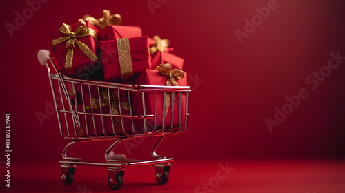 Shopping Cart with Red Gifts and Gold Bows on a Red Background - Holiday Banner. photo