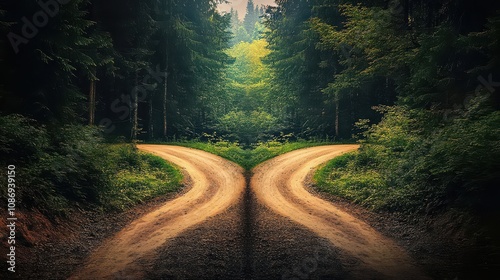 Forest Path Divides: A Rustic Dirt Road Forks Through Lush Green Woods, Abstract Background Image