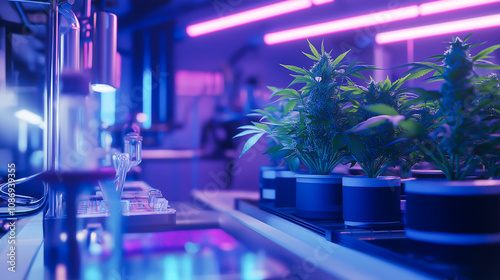 Futuristic cannabis plant growth in a biotechnology lab, illuminated with neon lights. Modern plant growth technology and scientific experimentation