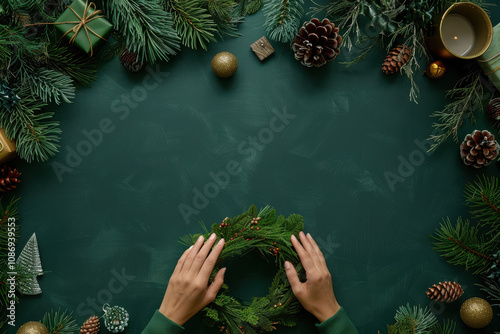 close up horizontal image of christmas decoration framing a green blank surface, hands holding a decorative wreath, mockup space