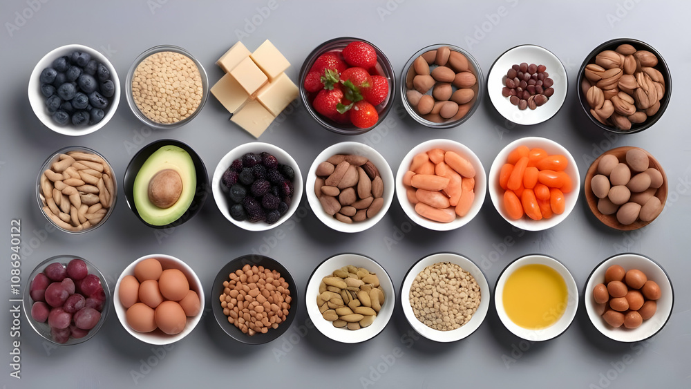 Set of natural food high in protein on grey background, top view Set of natural food high in protein on grey background, top view
