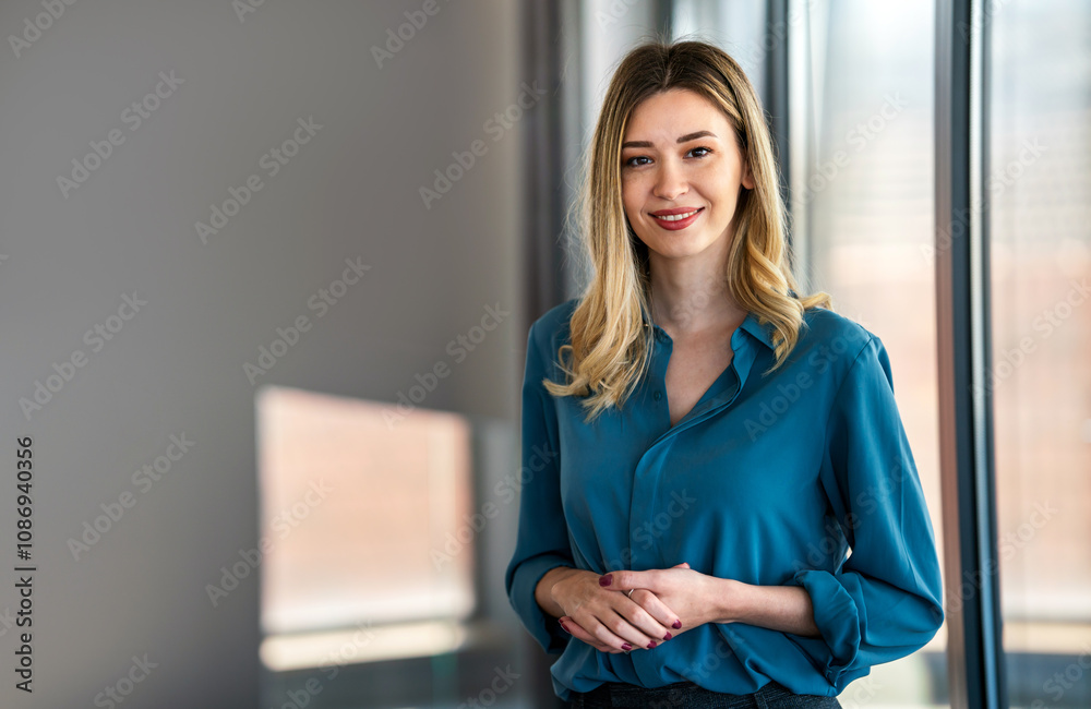Smiling successful female professional executive hr manager using computer in corporate office Smiling successful female professional executive hr manager using computer in corporate office