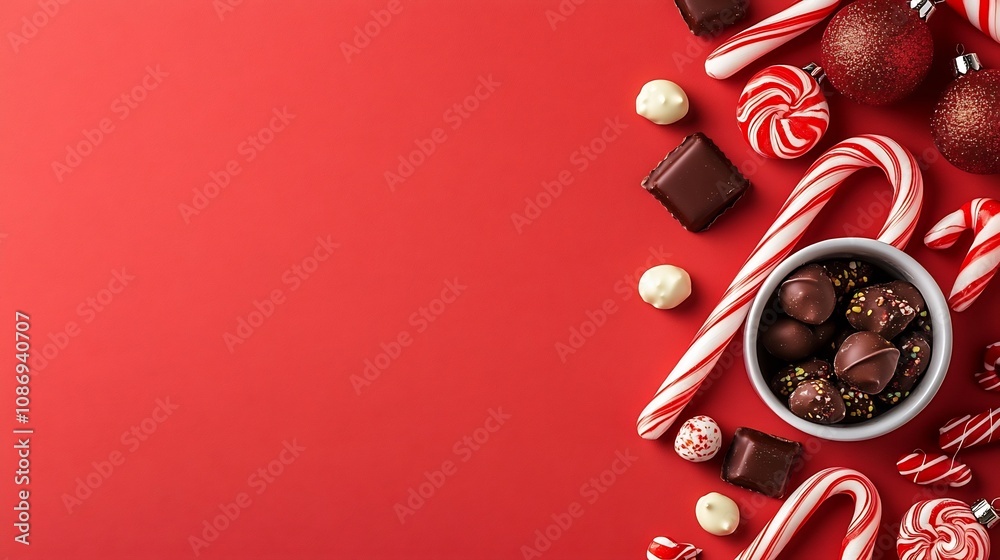 Festive Holiday Candy Canes and Chocolates on Red Background Festive Holiday Candy Canes and Chocolates on Red Background