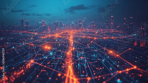 Futuristic Cityscape with Network Connections Illuminated by Neon Lights Representing Data Flow and Urban Technology at Twilight