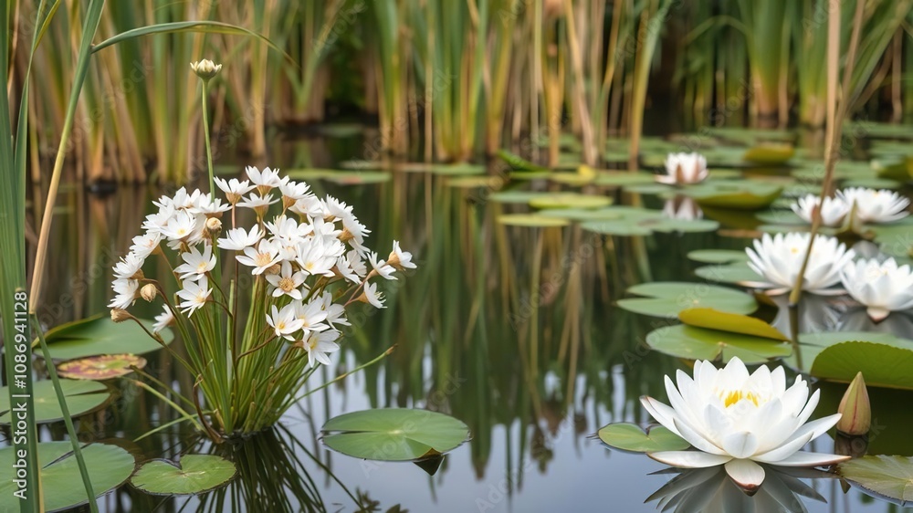 Delicate pastel colored flowers growing in clusters on the surface of a serene pond surrounded by tall reeds and water lilies, flower blooms, botanicals, foliage Delicate pastel colored flowers growing in clusters on the surface of a serene pond surrounded by tall reeds and water lilies, flower blooms, botanicals, foliage