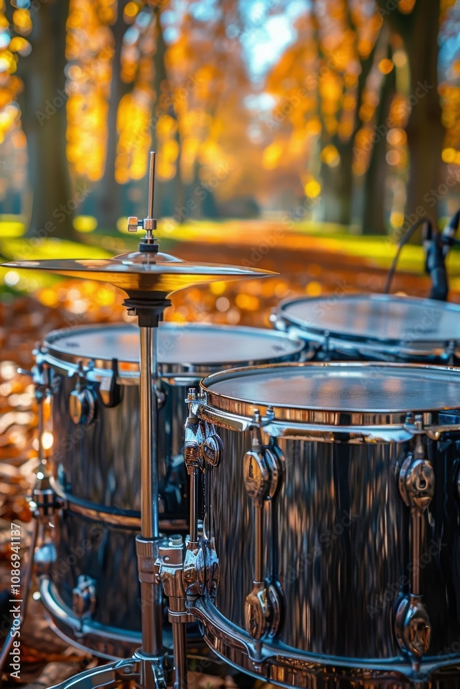 Obraz premium scenic autumn scene featuring a drum set placed in middle of forest path, surrounded by golden leaves. image blends music with nature, evoking a sense of creativity and harmony in an outdoor setting