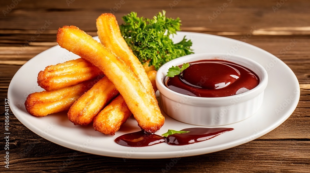 Mouthwatering Churros with Chocolate Dipping Sauce on Wooden Table Mouthwatering Churros with Chocolate Dipping Sauce on Wooden Table