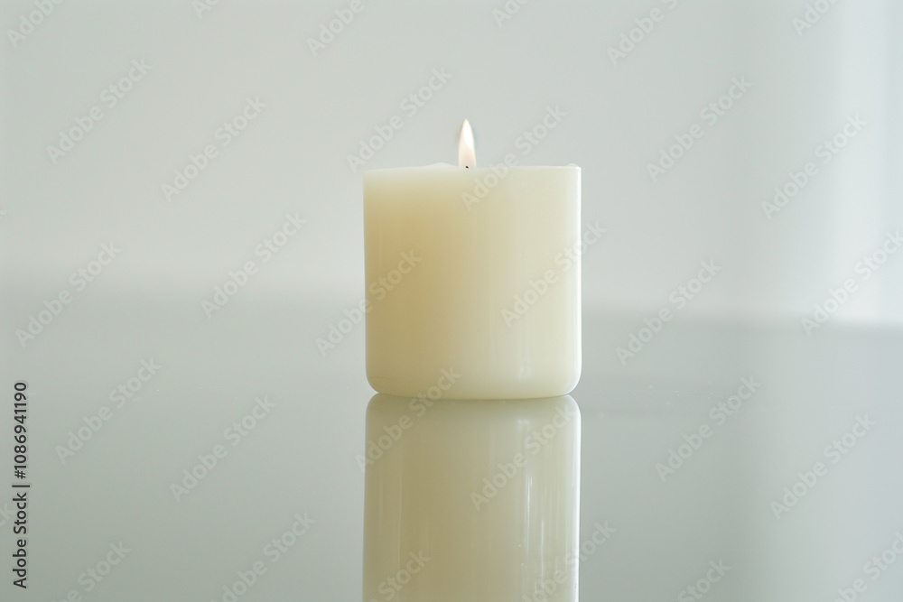 A single white candle standing alone on a clean, reflective surface. A single white candle standing alone on a clean, reflective surface.