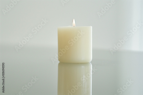 A single white candle standing alone on a clean, reflective surface.