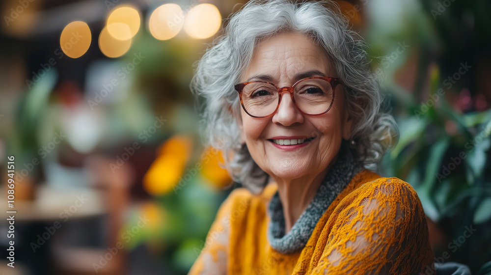A joyful elderly woman with gray hair wearing glasses and a cozy sweater smiles warmly at a vibrant cafe in the afternoon. Generative AI A joyful elderly woman with gray hair wearing glasses and a cozy sweater smiles warmly at a vibrant cafe in the afternoon. Generative AI
