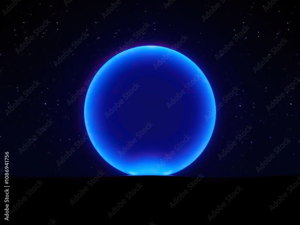 Obraz premium Glowing blue sphere with soft pulsing lights, set against a dark starry night sky, stars, psychedelic art, glowing lights