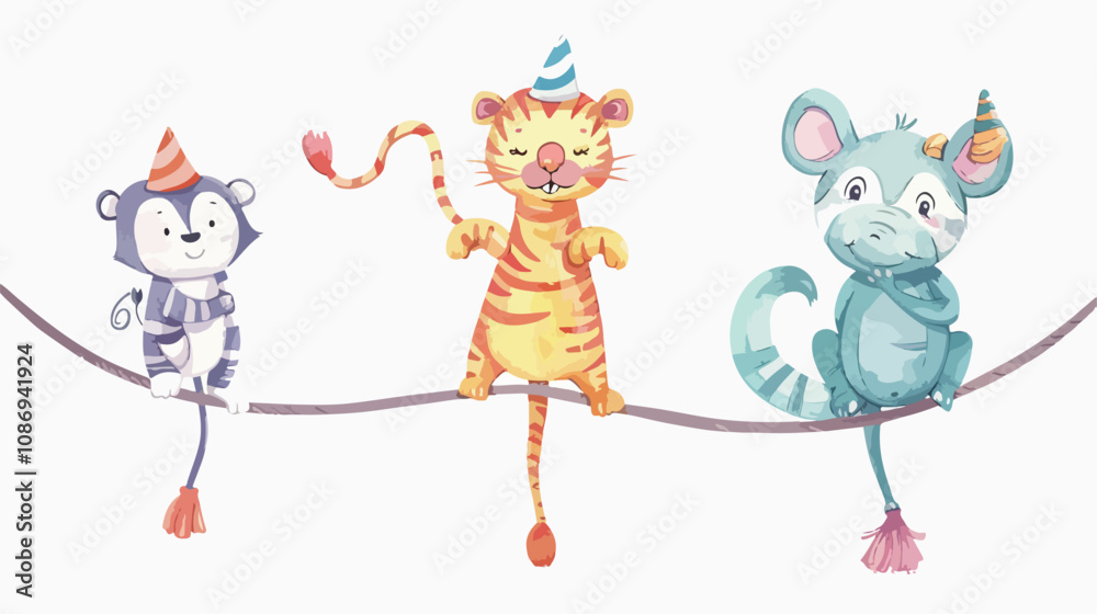 Naklejka premium Circus Animals Balancing in Stack on Rope