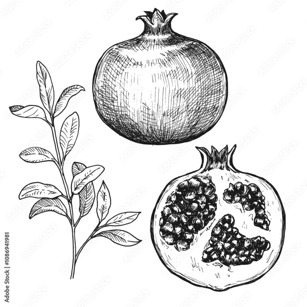 Sketch ink graphic pomegranate illustration, draft silhouette drawing, black on white line art. Botanical vintage etching food design.