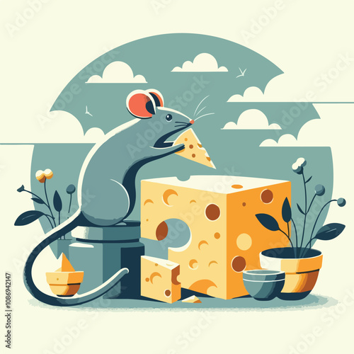 vector image of a cute mouse eating cheese