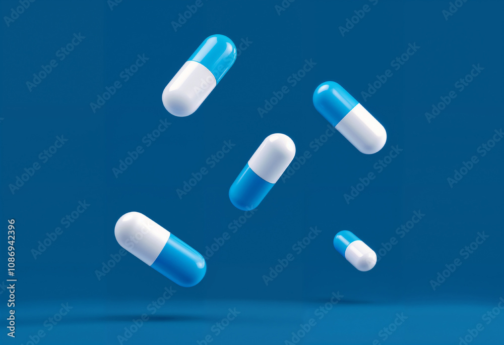 Floating Blue and White Capsules on Minimalistic Blue Background Floating Blue and White Capsules on Minimalistic Blue Background