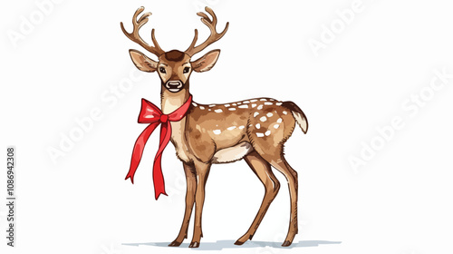 Christmas Deer with Bow Vector Illustration - Handdrawn Art
