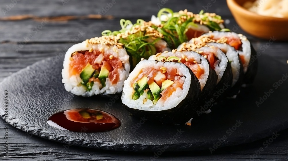 Delicious Sushi Rolls Served on Black Slate with Dipping Sauce Delicious Sushi Rolls Served on Black Slate with Dipping Sauce
