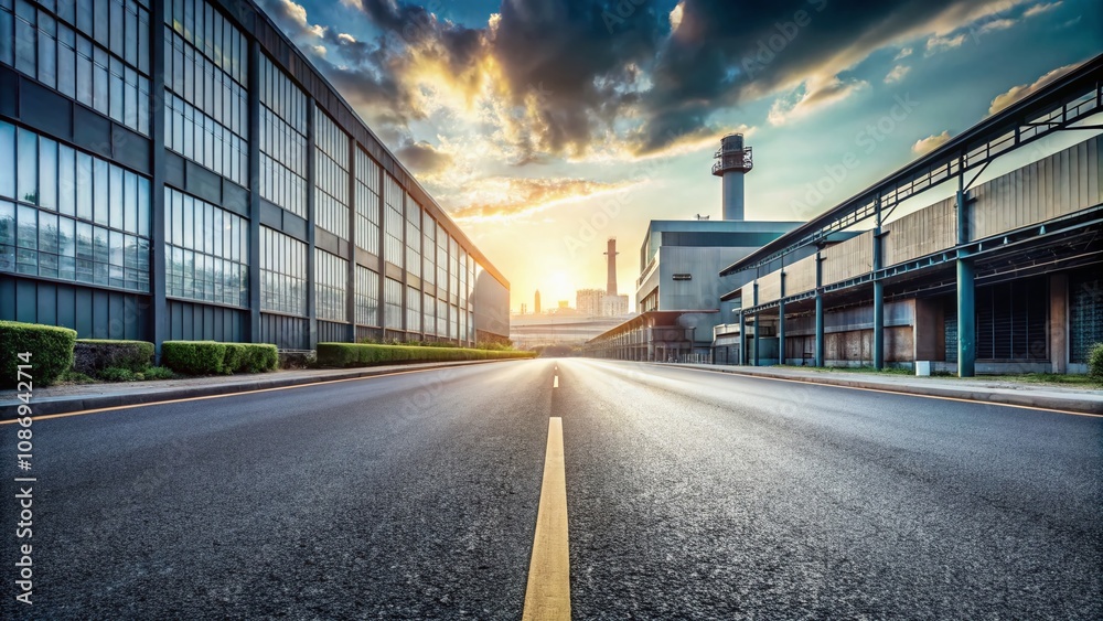 Candid Photography of an Empty Asphalt Road with Industrial Buildings in the Background, Highlighting Urban Landscapes and Open Spaces for Creative Projects and Marketing Use Candid Photography of an Empty Asphalt Road with Industrial Buildings in the Background, Highlighting Urban Landscapes and Open Spaces for Creative Projects and Marketing Use