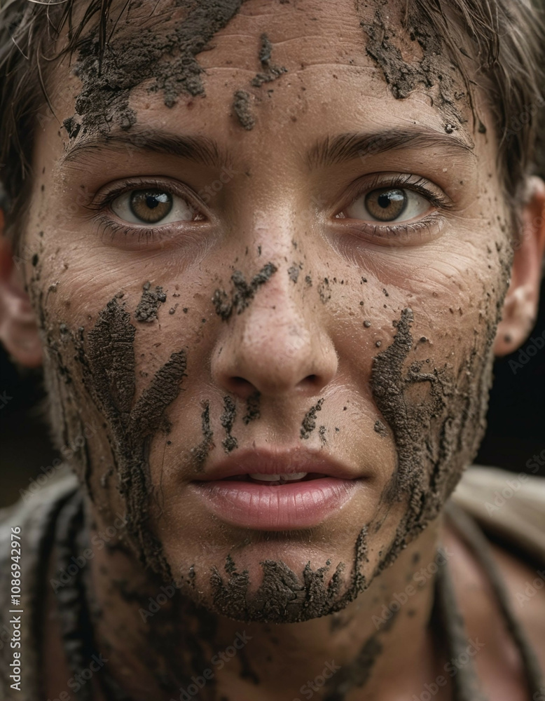 A woman of varying ages with mud stains, displaying a sad expression. A woman of varying ages with mud stains, displaying a sad expression.