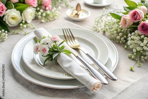 A beautiful dining table setup featuring a white plate, forks, and knives set neatly on a white linen cloth, complemented by delicate flowers in the backdrop.