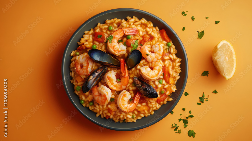 Delicious Spanish seafood risotto rice yummy carbohydrate tomato soy sauce meat veggies fresh orange background. food photography advertising fashion restaurant cuisine gourmet wallpaper Delicious Spanish seafood risotto rice yummy carbohydrate tomato soy sauce meat veggies fresh orange background. food photography advertising fashion restaurant cuisine gourmet wallpaper