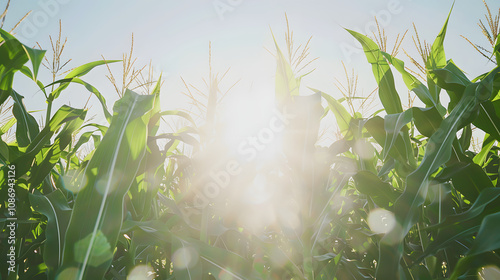 a low angle view of a corn field looking up at the sun. aig51a highlighted by white, text area, png photo